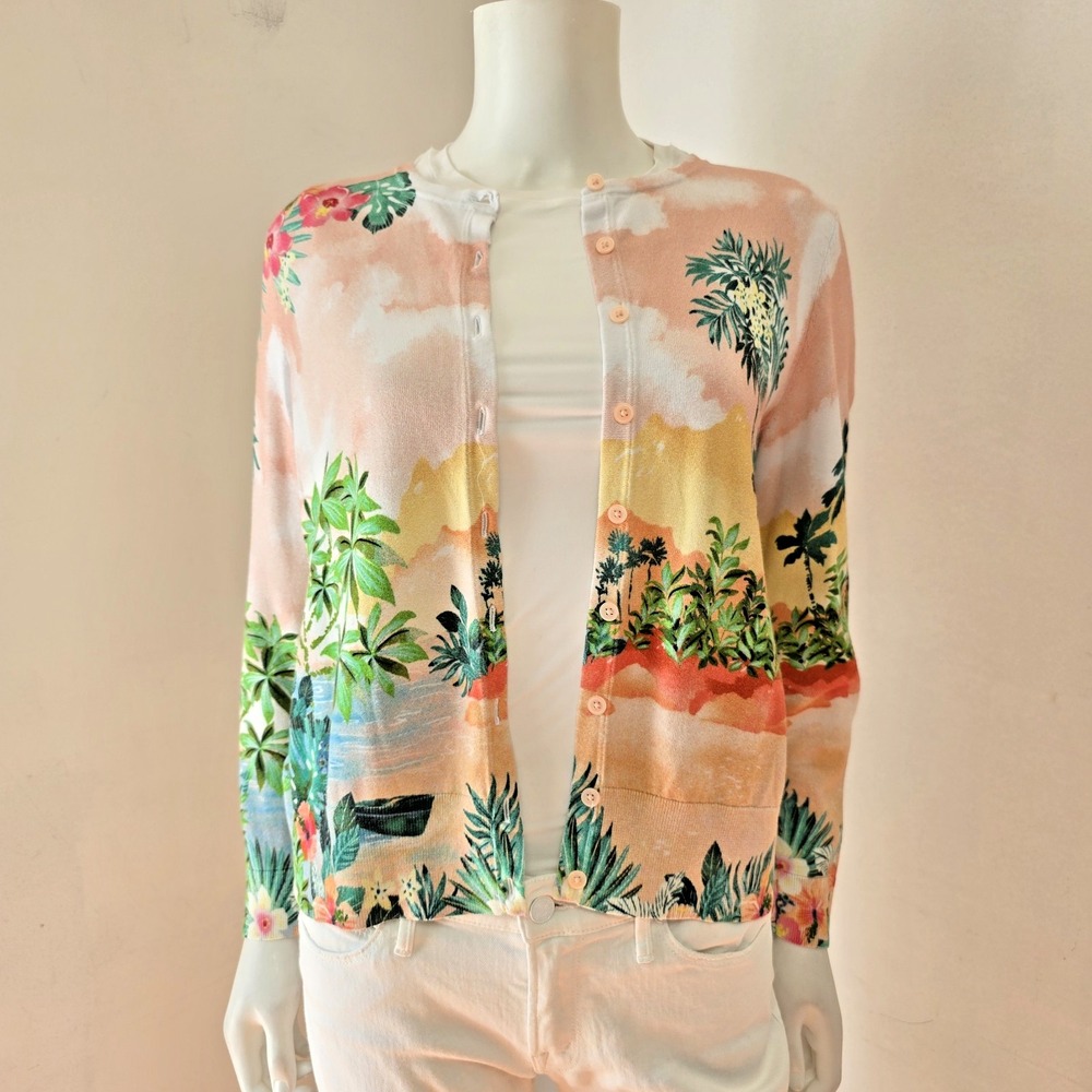 Talbots Charming Cardigan Sunset Horizon Sz MP Petite Tropical Palm Tree Island